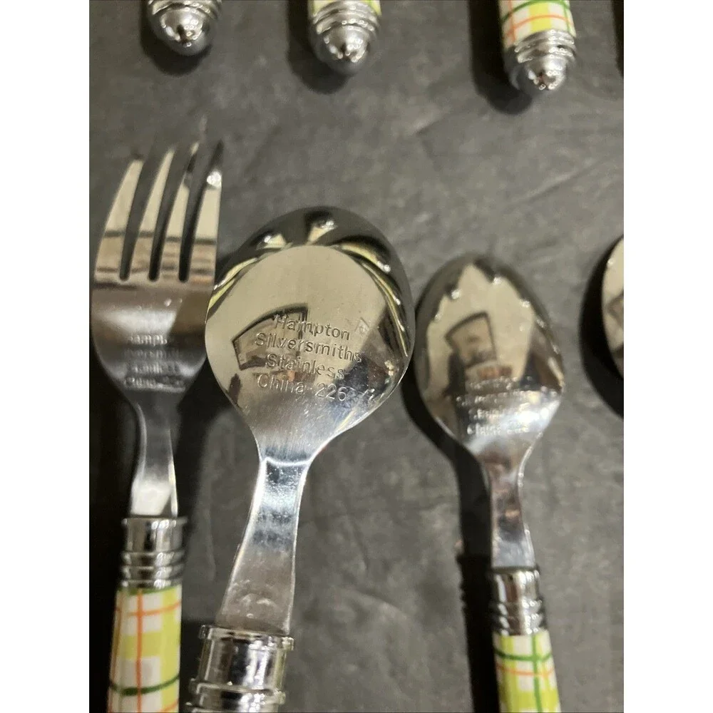 Vintage Hampton Silversmiths Plaid Flatware Set 19 Pc Yellow Orange Gingham 226